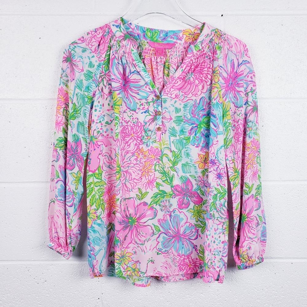 Lilly‎ Pulitzer Elsa Top 100% Silk Pink Floral Long Sleeve Blouse Size XXS
